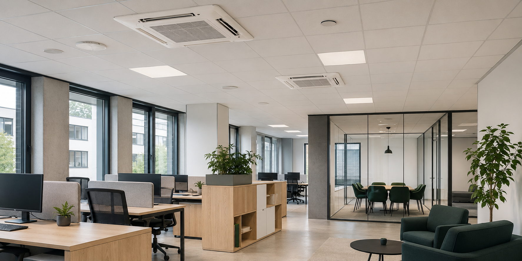 Kazetové klimatizačné jednotky v administratívnej budove